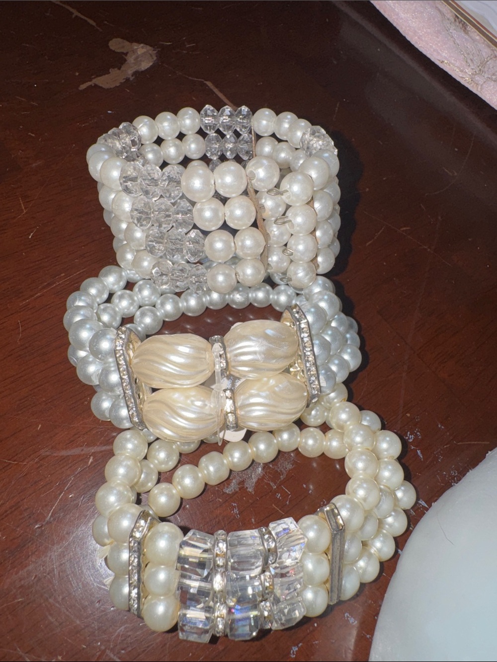 Pearl and Crystal Stretch Bracelet Set - White